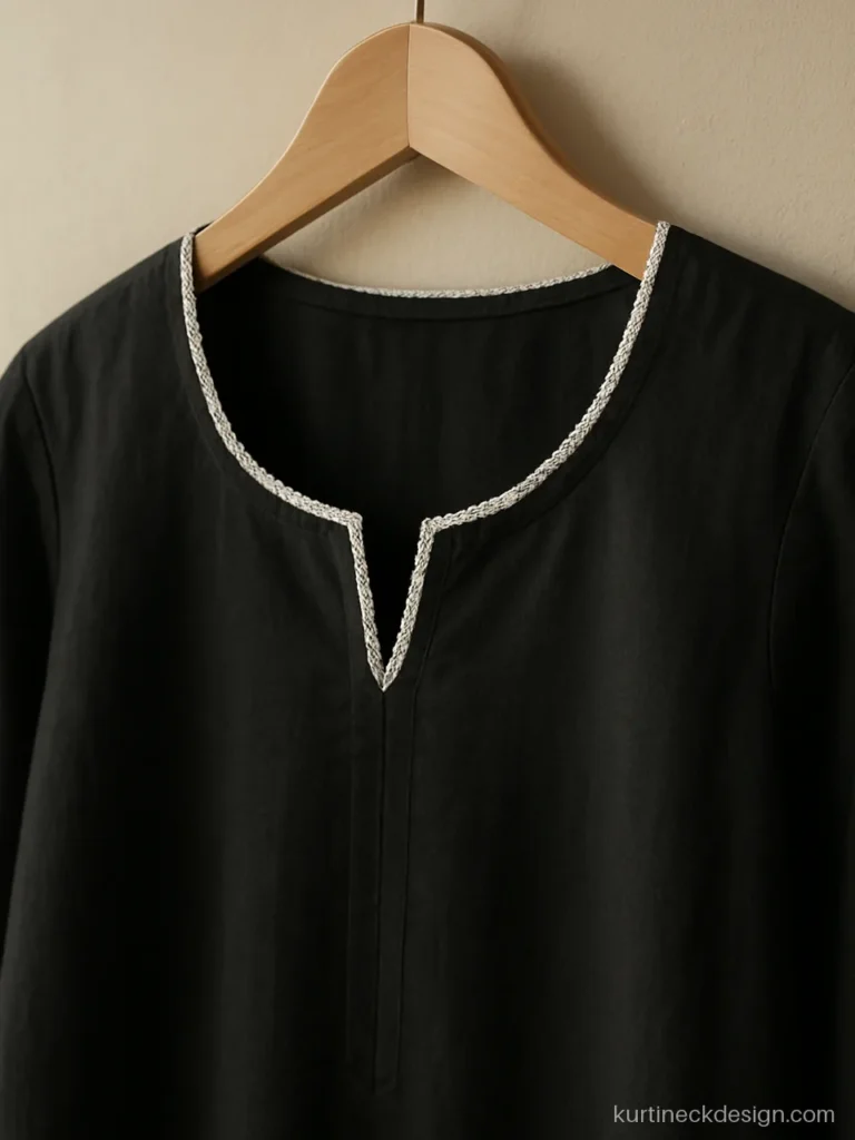 Round neck with white crochet lace on a black cotton suit