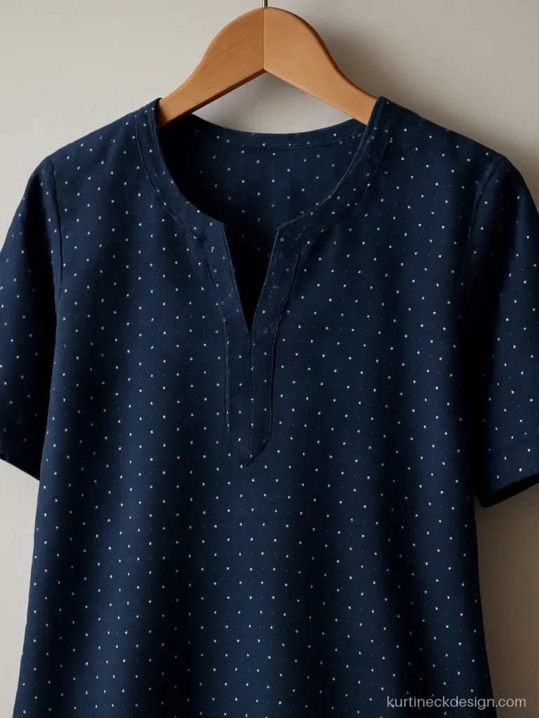Medium V neck on a navy kurti with tiny white polka dots