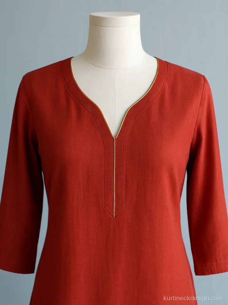 Simple V neck with gold piping on a red rayon kurti