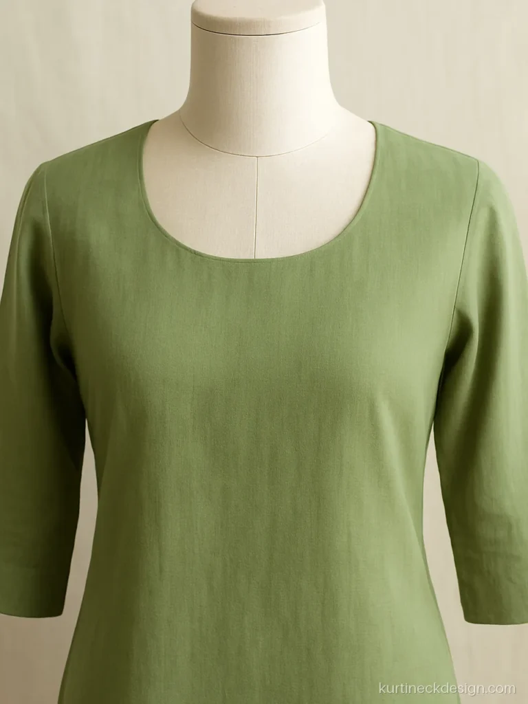Simple kurti neck design with a plain round gala in sage green cambric