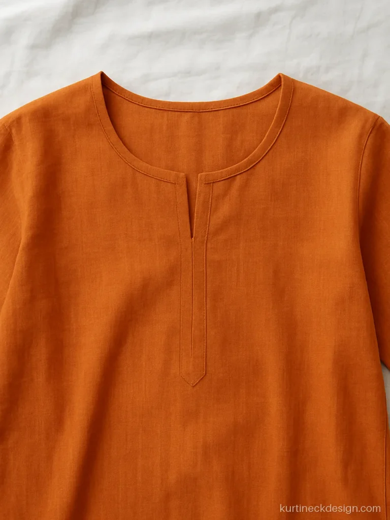 Round neck with a straight centre slit on an orange khadi kurti