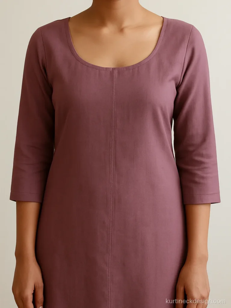 Wide scoop round neck on a soft mauve rayon kurti for summer