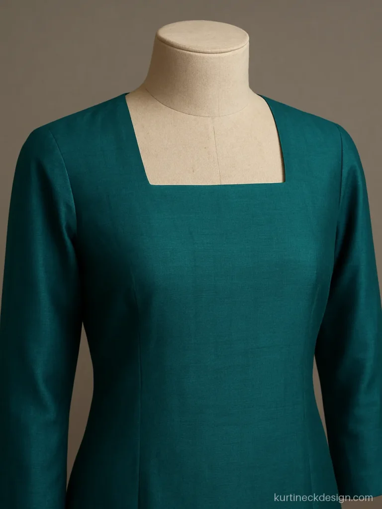 Suit simple neck design with a plain square gala on teal silk blend