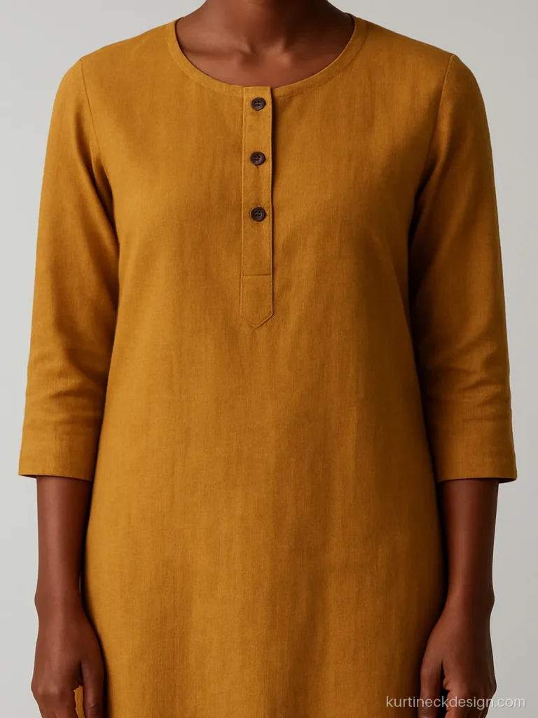 Three small buttons below a round neck on an ochre linen suit