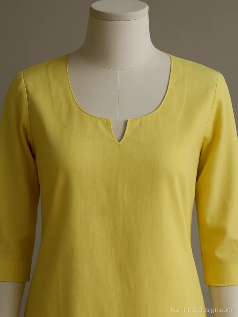 Kurti simple neck design with a soft U shape on lemon poplin