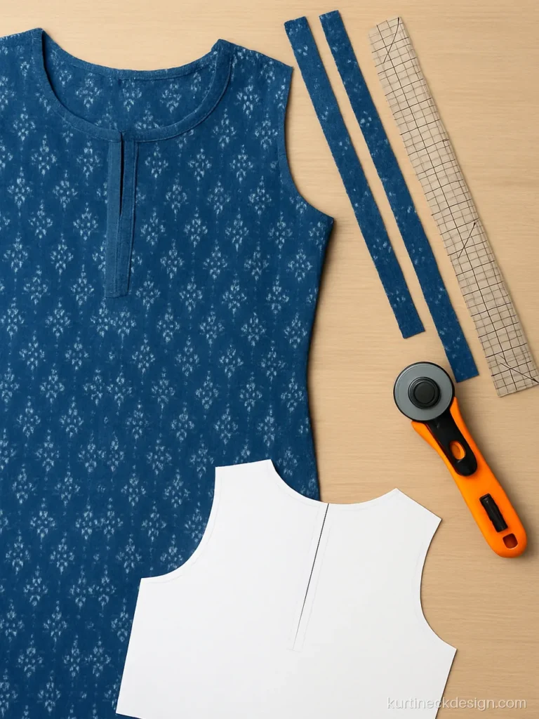 Bias strips cut on the cross grain beside a printed cotton neck