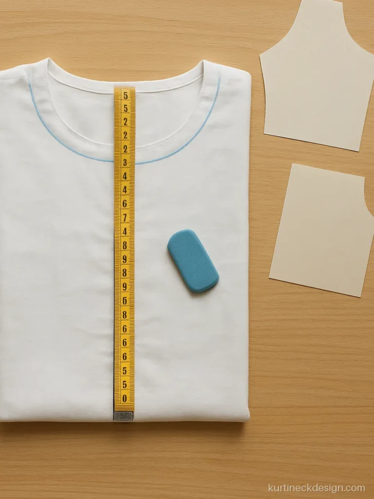 Folded white cotton kurti front with a chalk-marked round neck and measuring tape