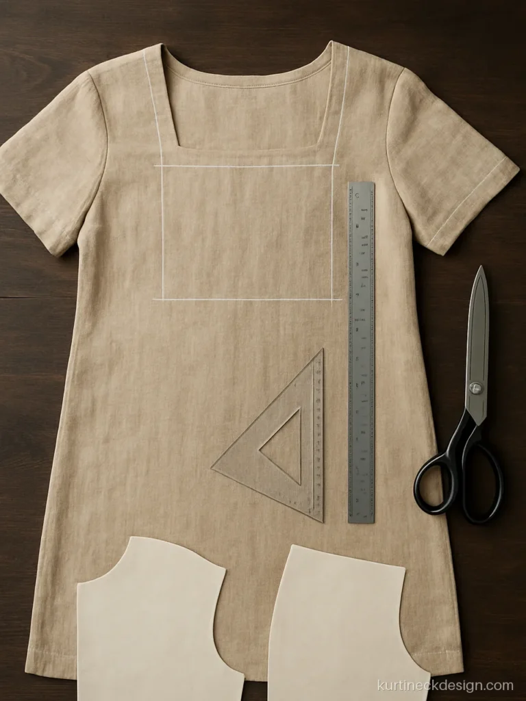 Chalk-marked square neck on sand linen fabric with a steel ruler