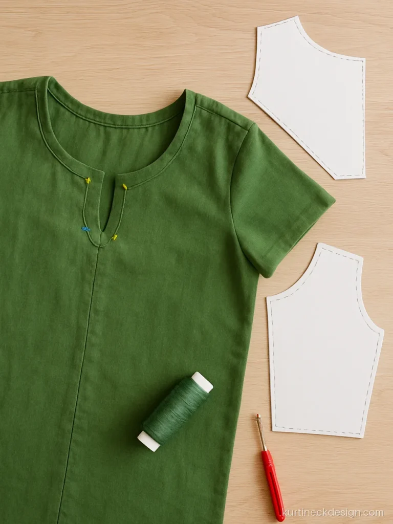 Neck facing pinned around a round neck on a green cotton kurti front