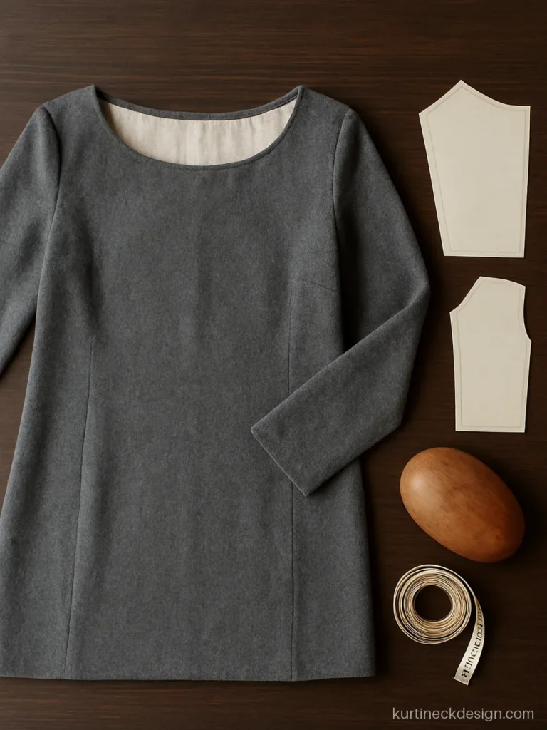 Finished wide boat neck on a grey woolen suit kurta laid flat