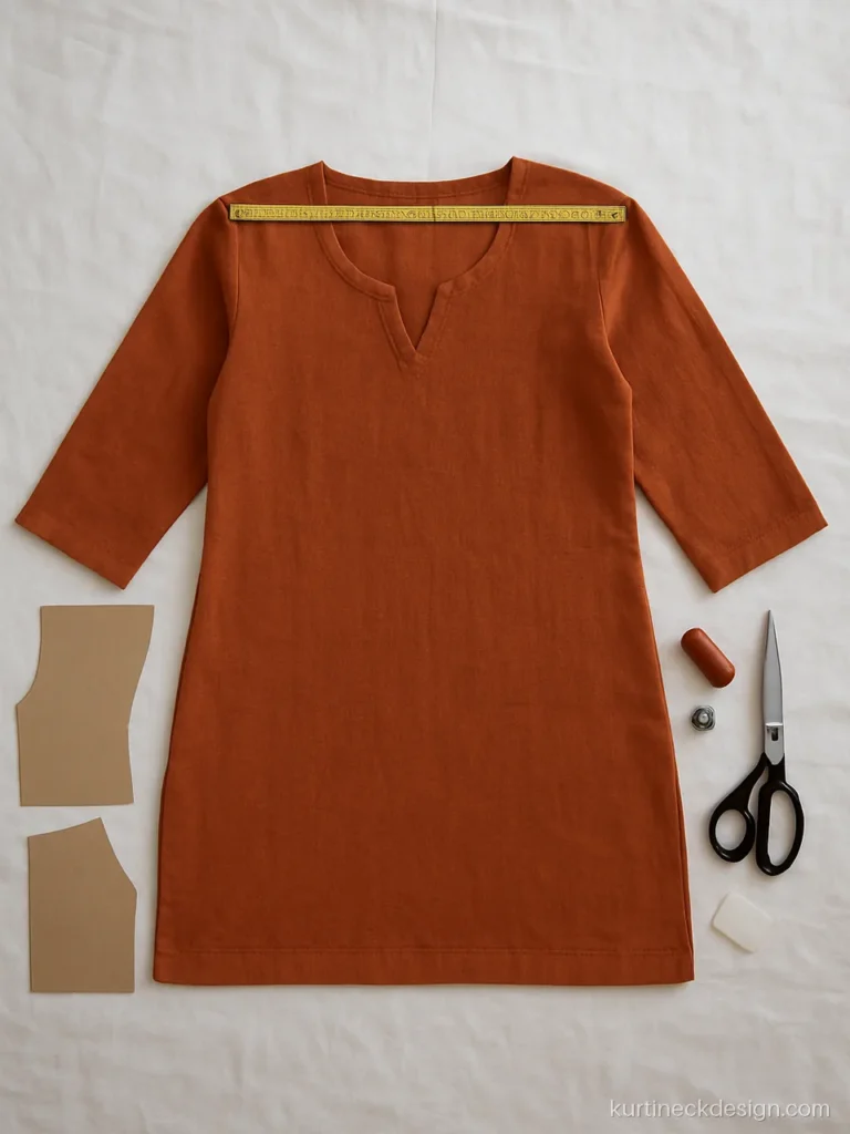 Finished narrow V neck on a rust cotton kurti for broad shoulders