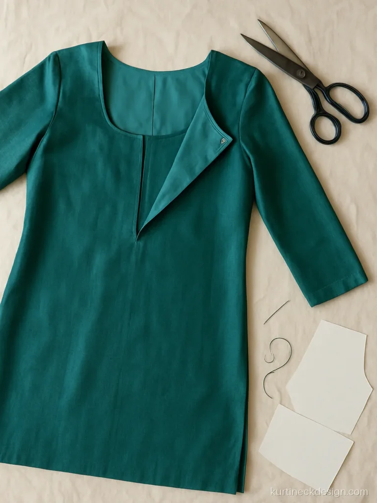 Finished U neck with a hidden press stud on a teal silk kurti