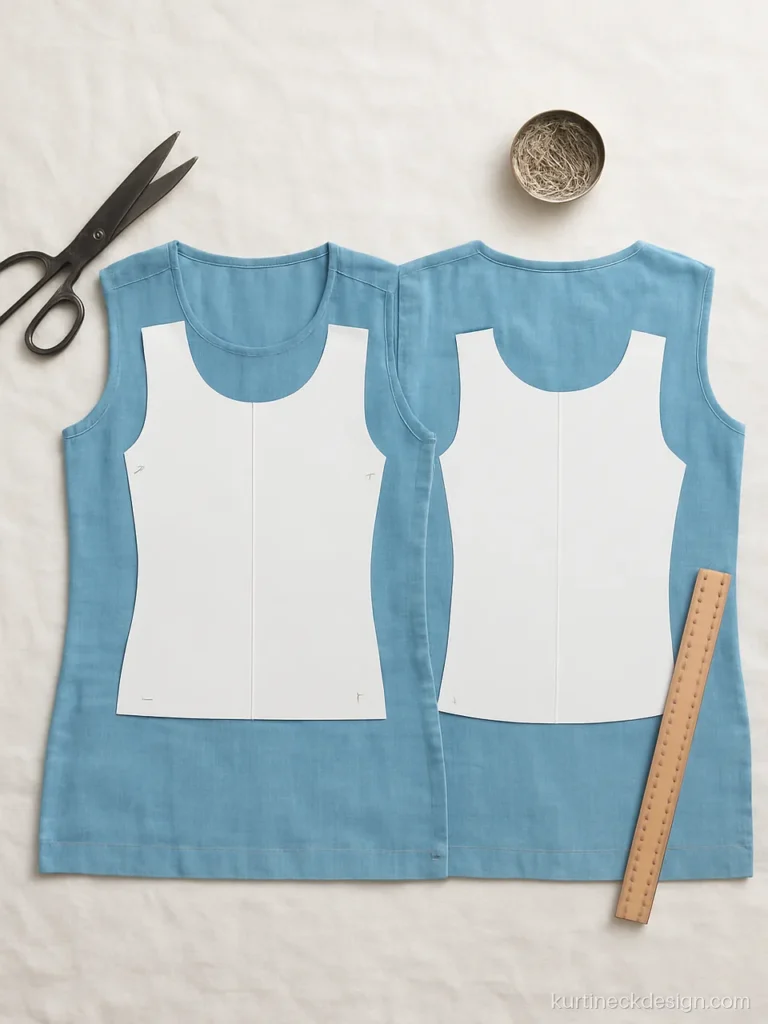Front and back paper neck patterns laid on a sky blue cotton kurti