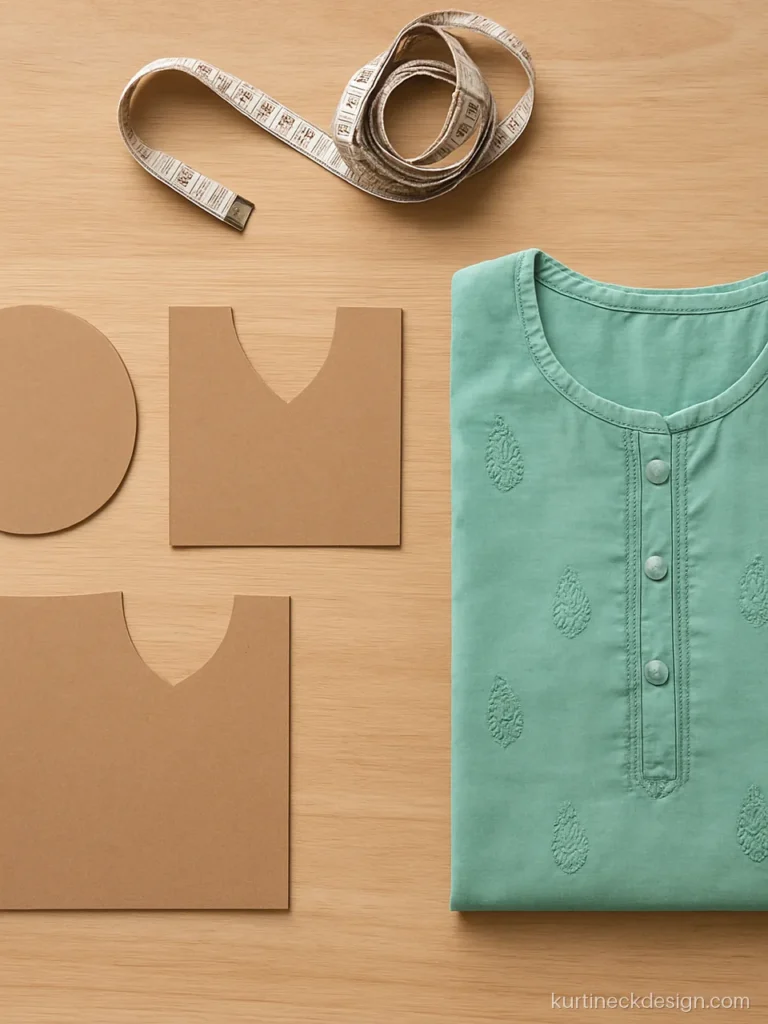 Three blank paper neck patterns for round, V and U necks on a cutting table