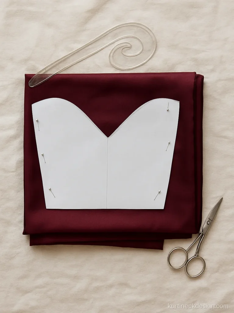 Paper sweetheart neck pattern with a French curve on maroon silk