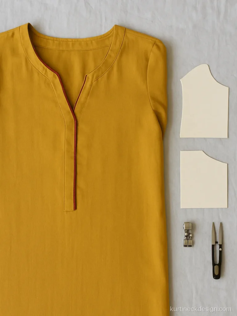 Contrast piping cord being placed along a V neck on mustard rayon