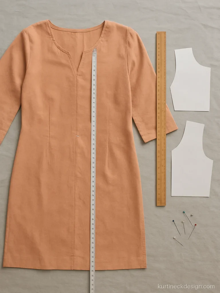 Measuring tape showing front neck depth from the shoulder line on peach rayon