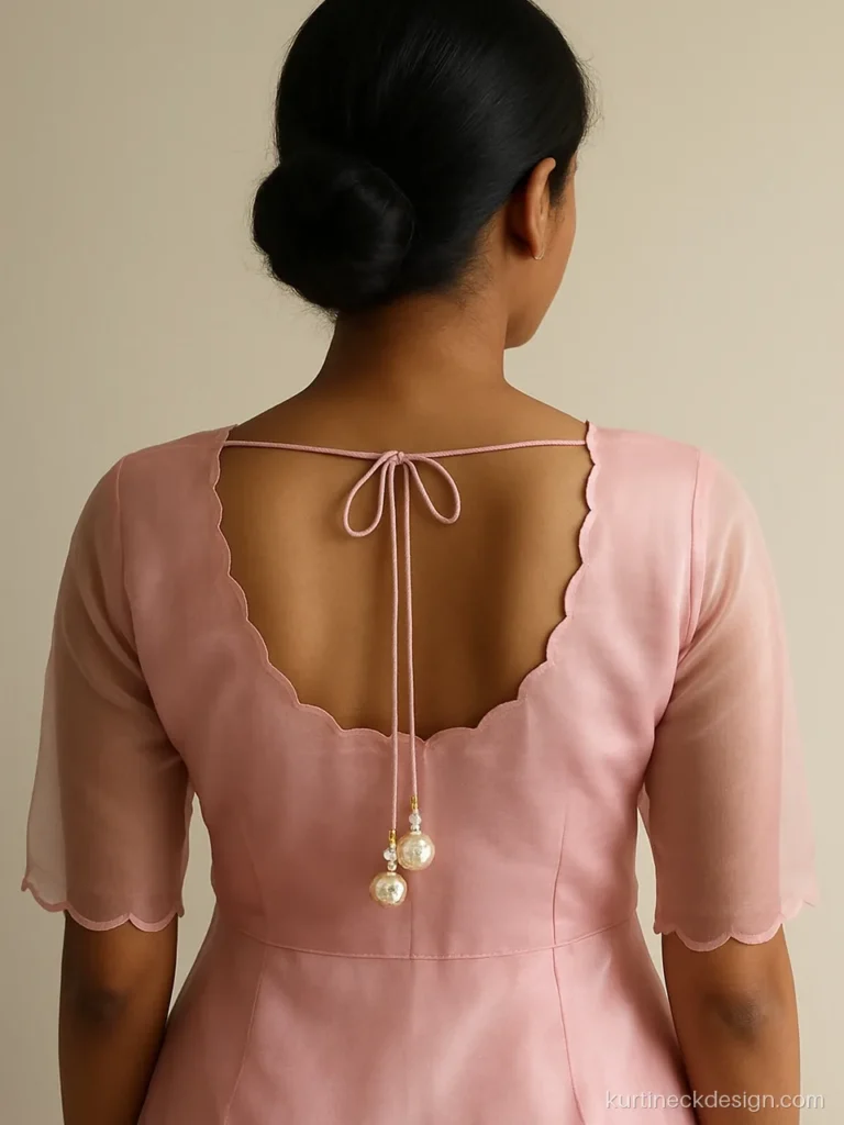 Suit neck design back view in pink organza with a round cut and dori