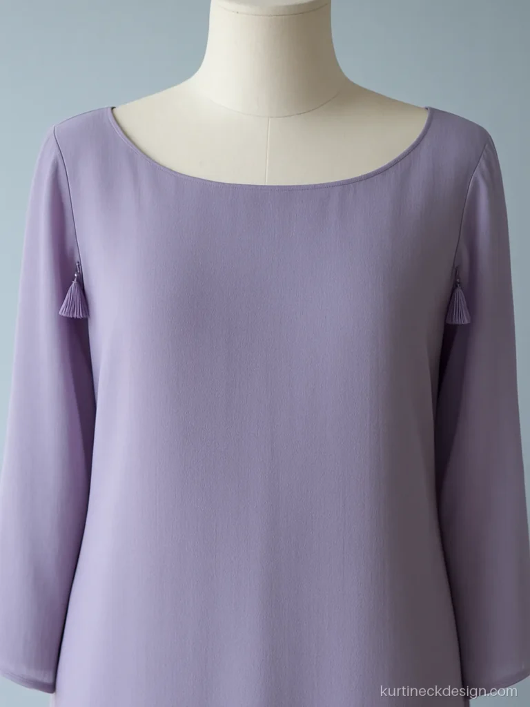 Neck suit design for girls in lavender georgette with a boat neck and tassel ties