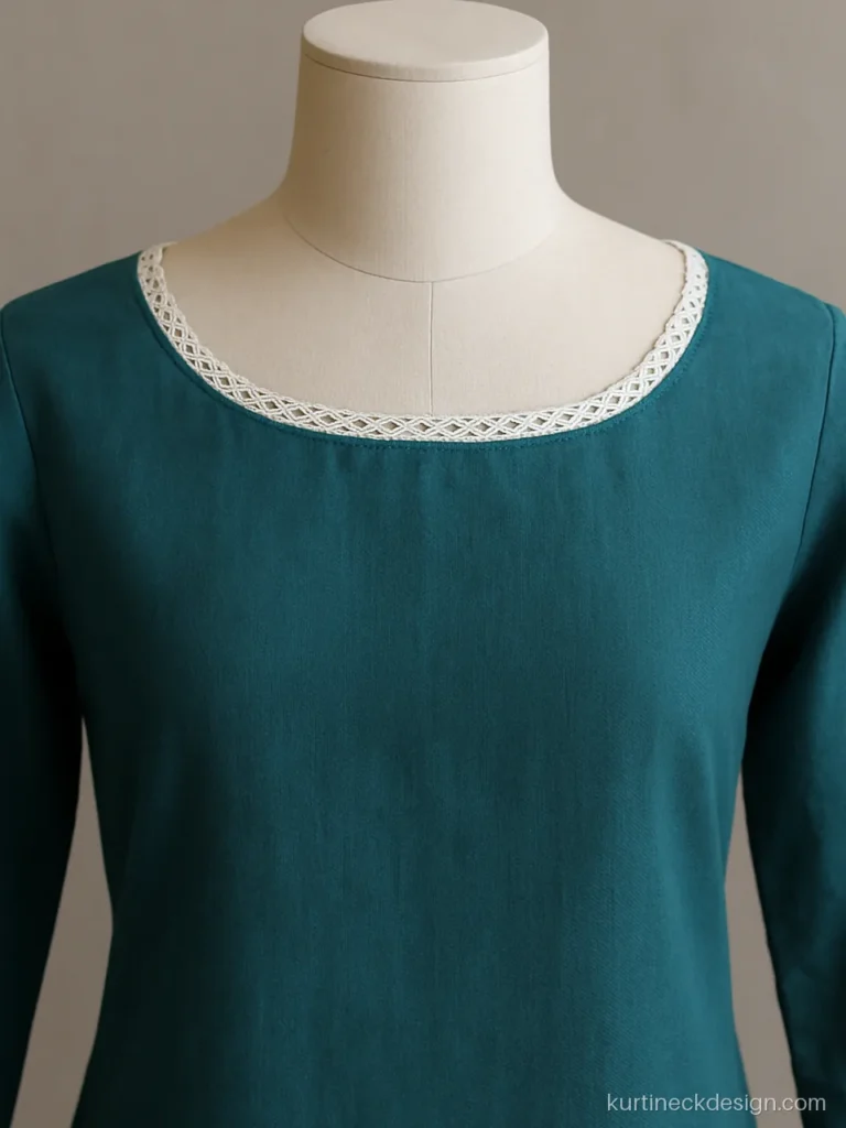 Neck suit design in teal cotton with a soft boat neck and narrow lace