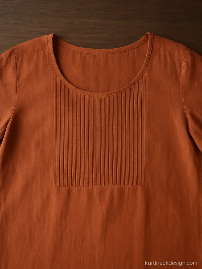 Neck design suits a draped dupatta: rust cotton silk with a flat yoke round neck