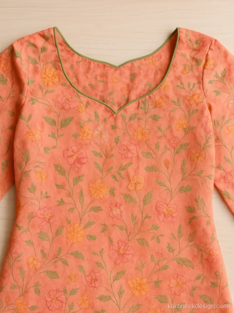 Girls suit neck design in peach floral cotton with a soft sweetheart curve