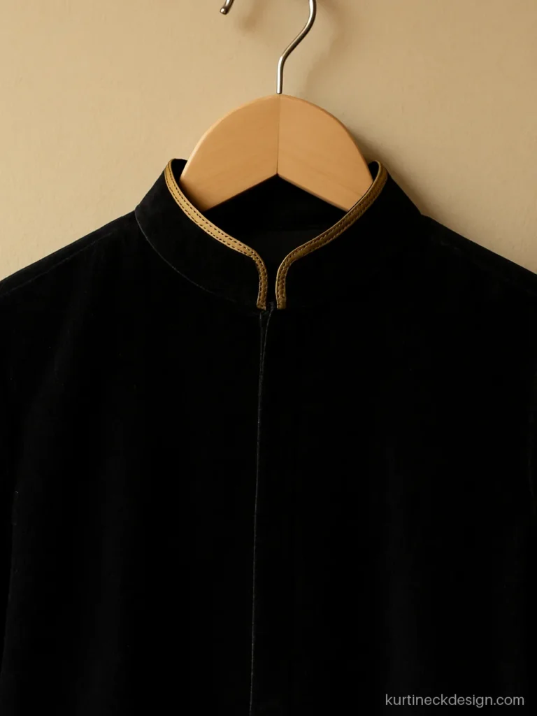 High neck suit design for women in black velvet with a gold zari band
