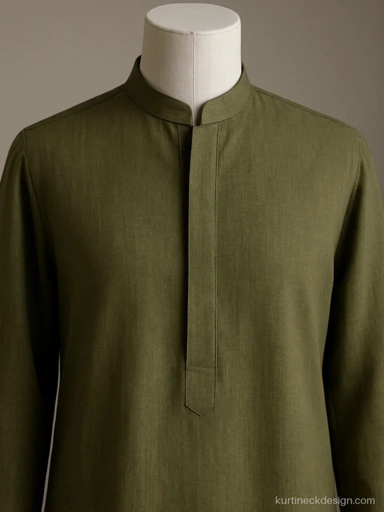 Neck design for suits in olive khadi with a mandarin band collar and placket