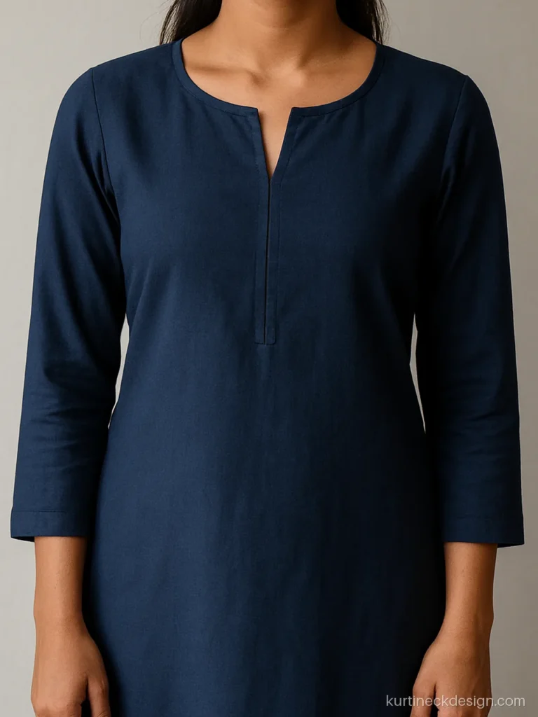 Women suit neck design in navy rayon with a small notch at the centre front