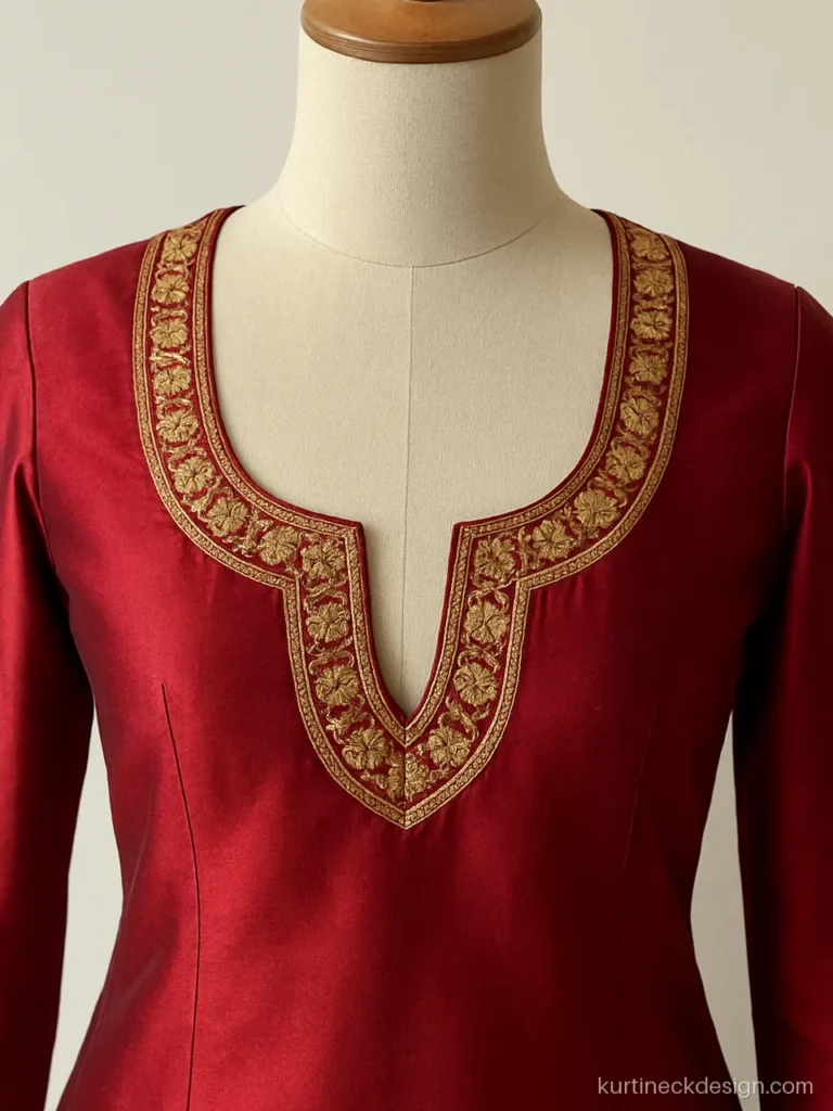 Party suit neck design for women in red silk with an embroidered deep U