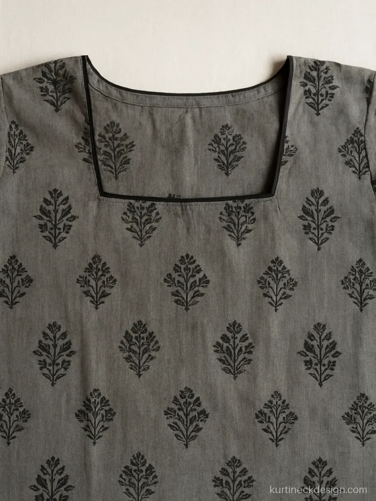 Ladies suit neck design in a grey printed cotton with a neat square neck