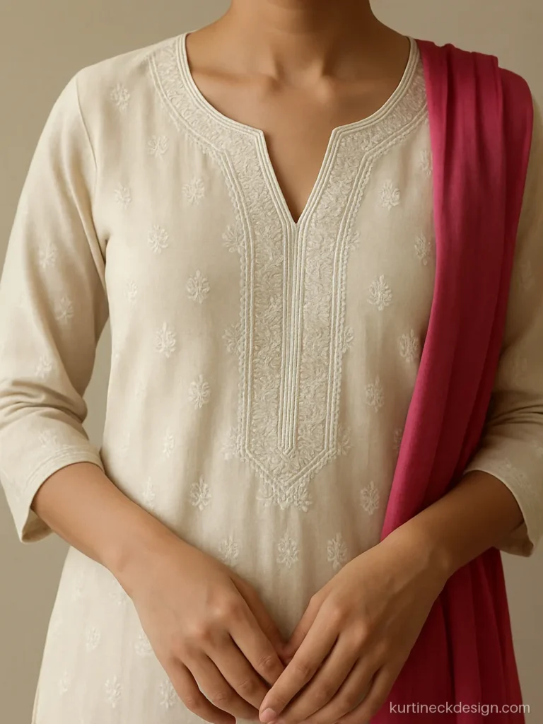 Simple neck design for suit in cream cotton with a shallow V and chikan work