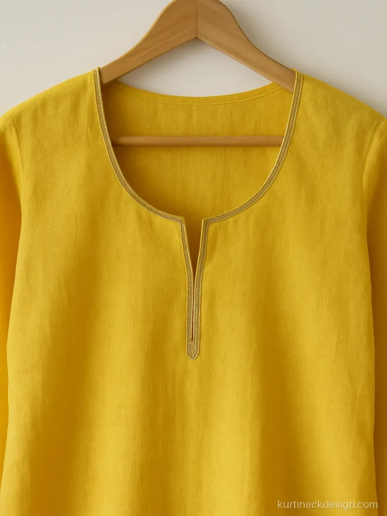 Yellow suit neck design with a soft U shape and a thin gota patti edge