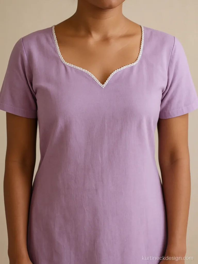 Sweet heart neck design on lilac cotton kurti with white cotton lace