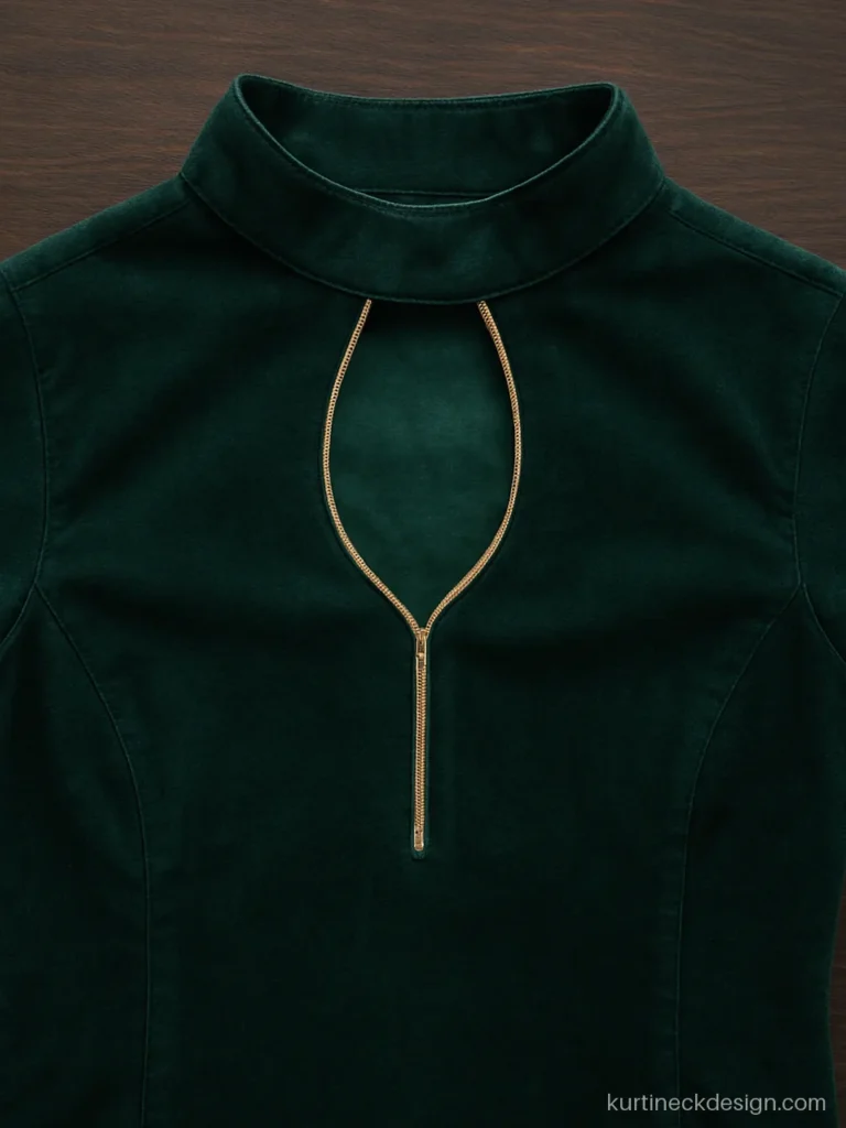 Emerald halter neck with a teardrop keyhole and zari piping
