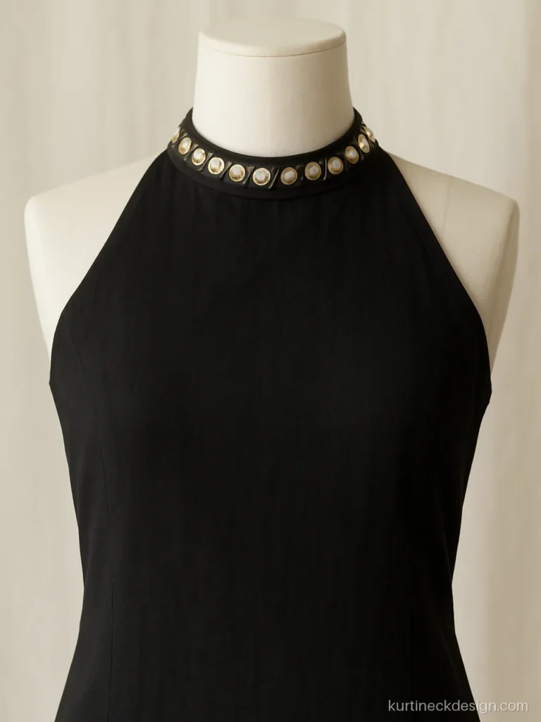 Stylish halter neck suit design in black cotton with mirror work