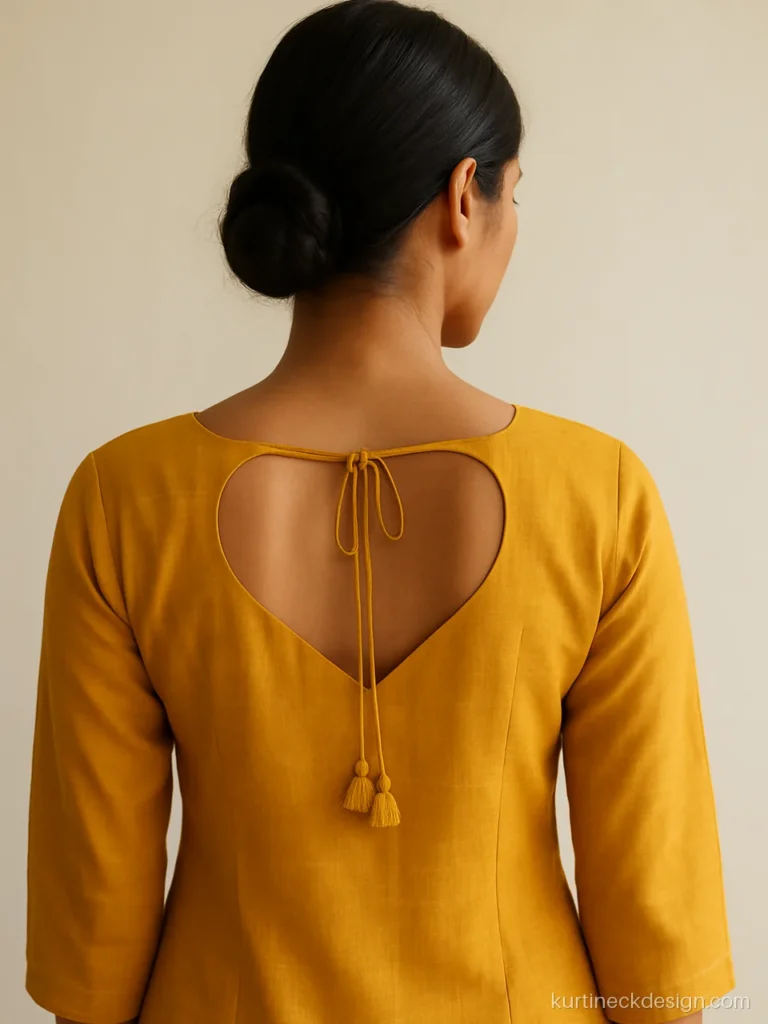 Back heart shape neck design on mustard kurti with dori