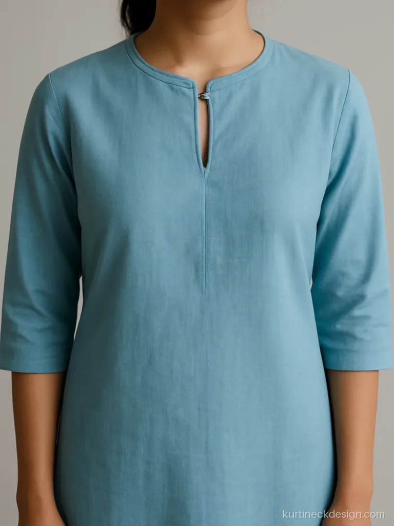 Keyhole neck kurti design on sky blue cotton with a single fabric button