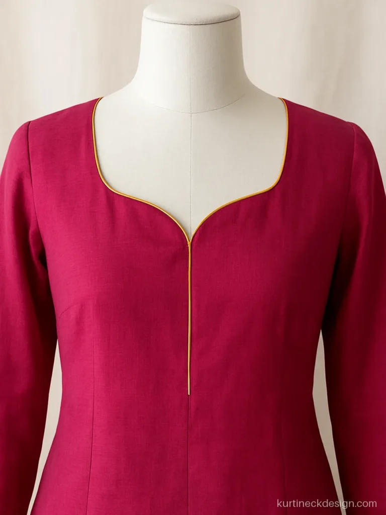 Sweetheart neck kurti design in rani pink cotton silk with gold piping