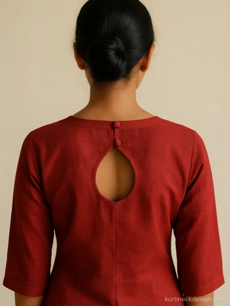 Back matka neck design on red kurti with a closed round top and buttons