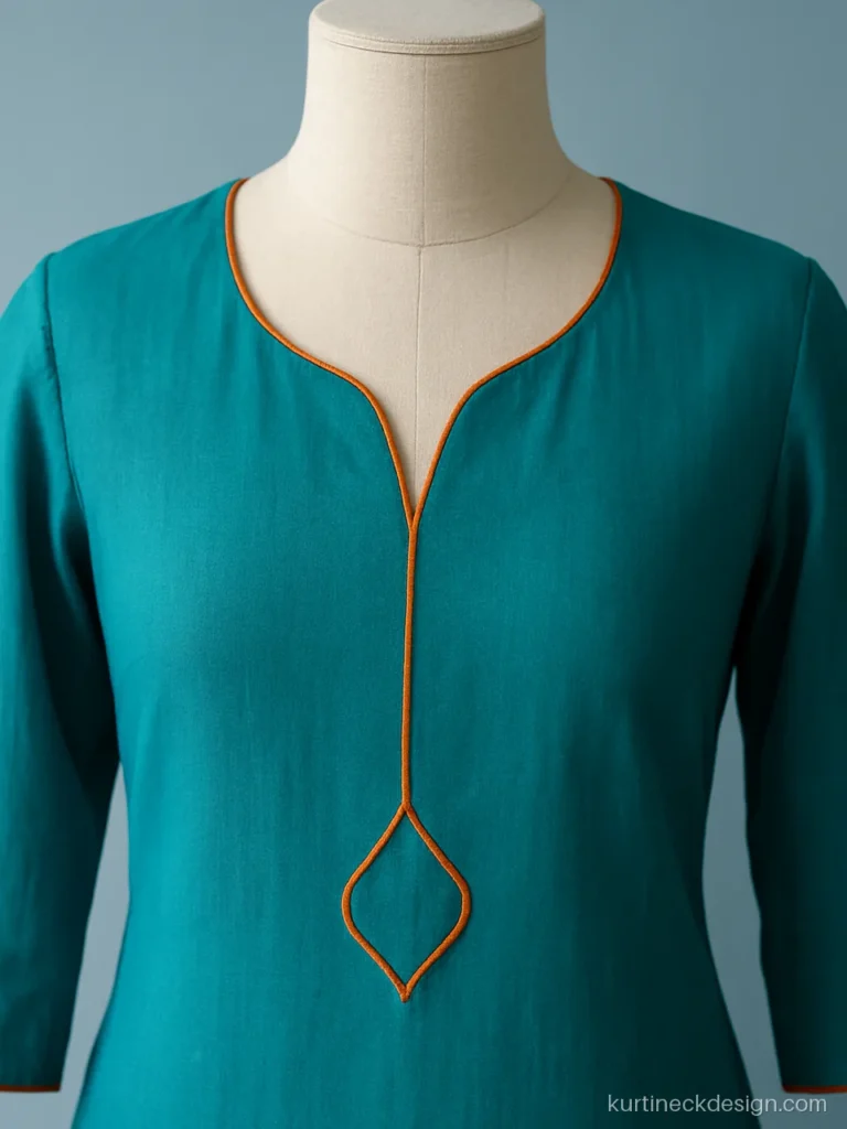 Teal kurti with paan shape neck design at the front and piping