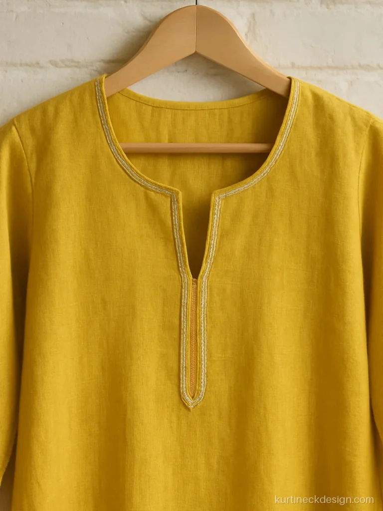 Matka neck design front on yellow suit with gota outline