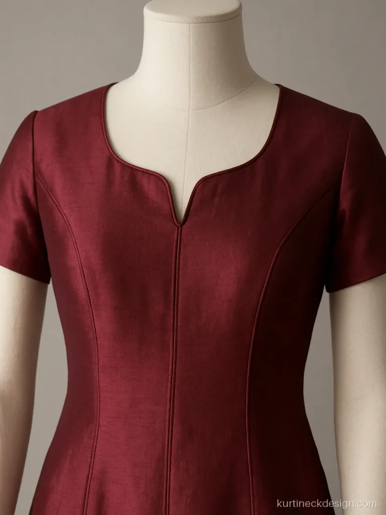 Princess cut neck design on wine silk kurti with princess seams