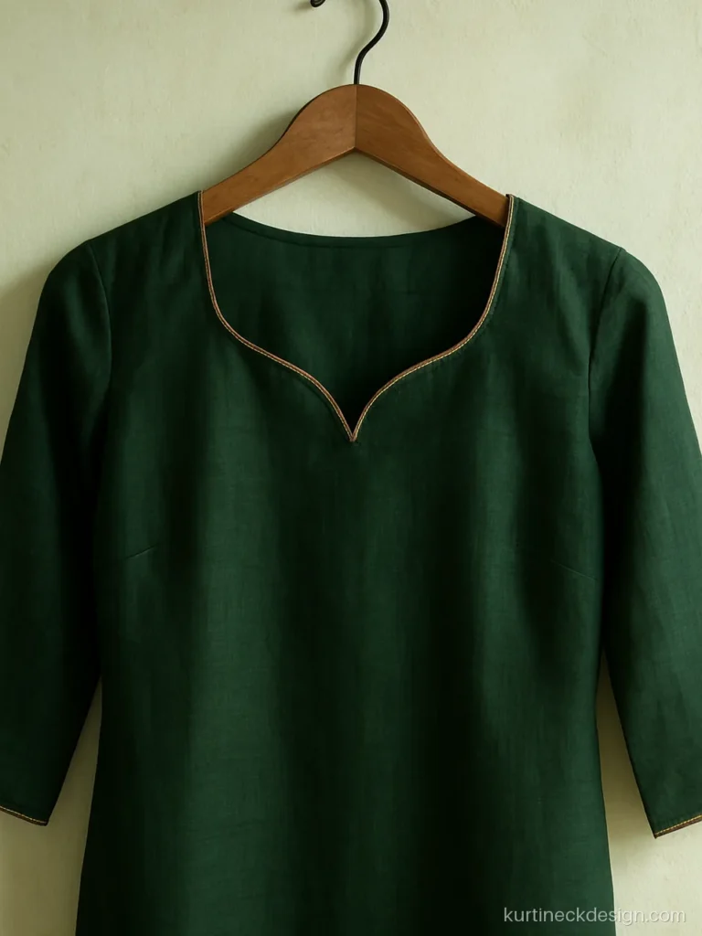 Sweetheart neck suit design in bottle green chanderi with narrow zari lace