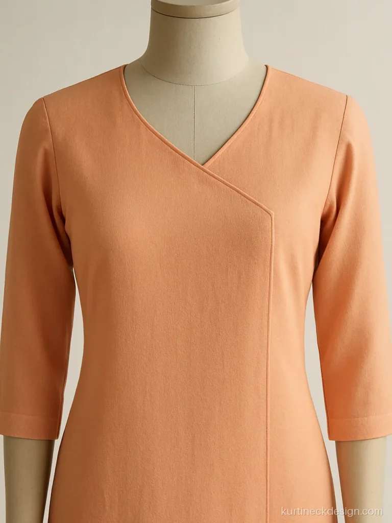 Modern V neck kurti design in peach crepe with an off centre angled V