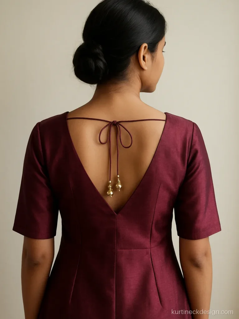 Back deep neck design in wine silk with a dori tie and small latkans