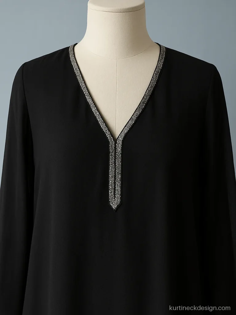 Deep V neck suit design in black georgette with a fine sequin border