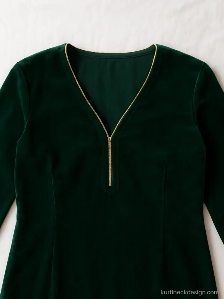 Deep neck kurti design in emerald velvet with a zari edge for winter weddings