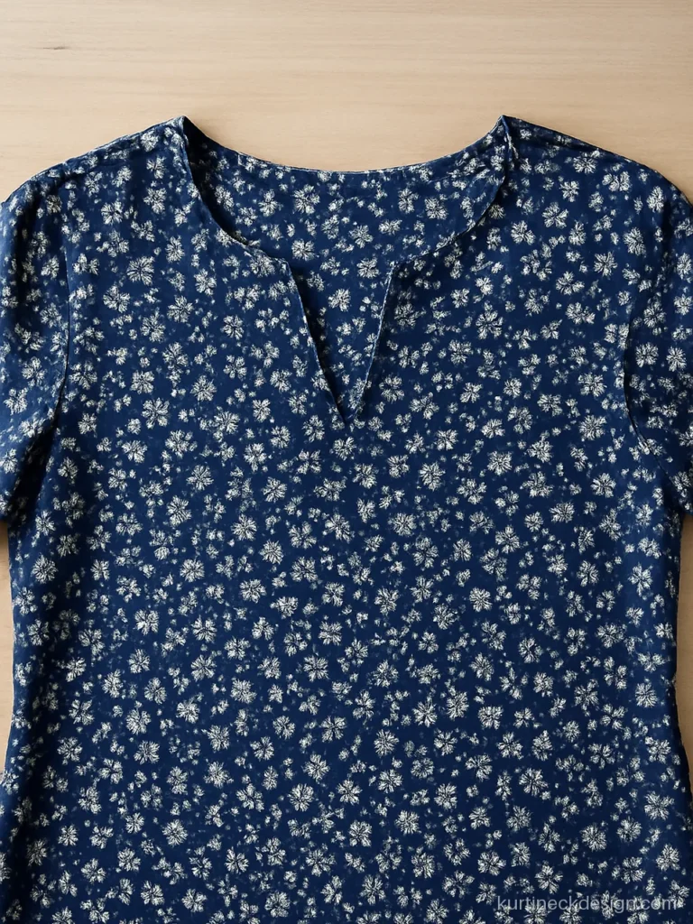 Kurti V neck design in indigo printed rayon with a short shallow V for office