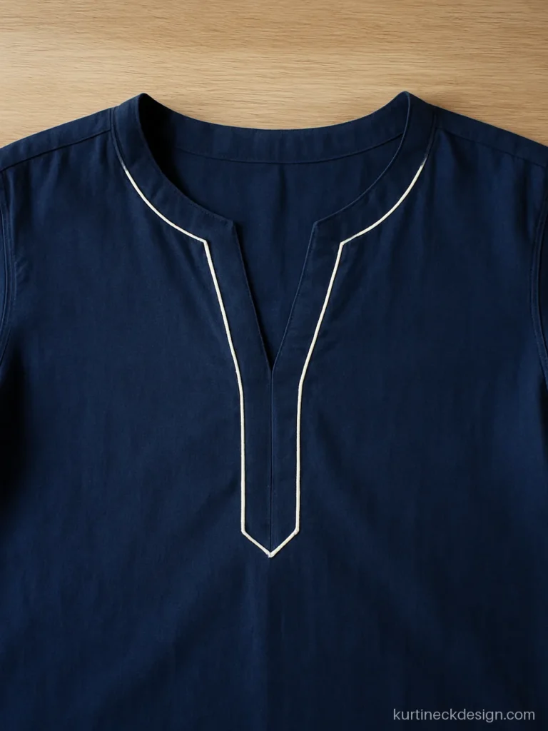V neck kurta design in navy cotton with white double piping around the V